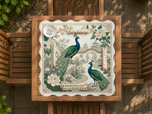 A green mahjong mat with peacock, floral, bamboo, pagoda, and gold border artwork in a scalloped chinoiserie style.