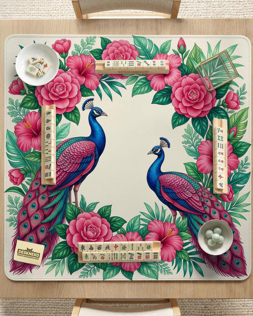 Square mahjong mat with blue peacocks, pink hibiscus flowers, green tropical leaves, and a cream center.