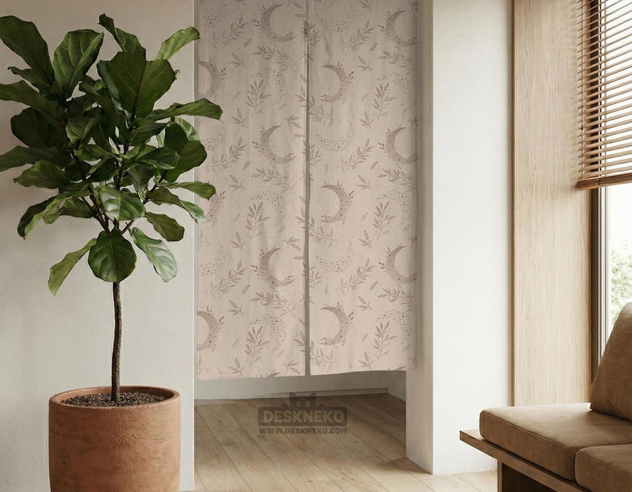 Beige door curtain with a crescent moon, leafy botanical branches, gray line art, and dotted celestial details.