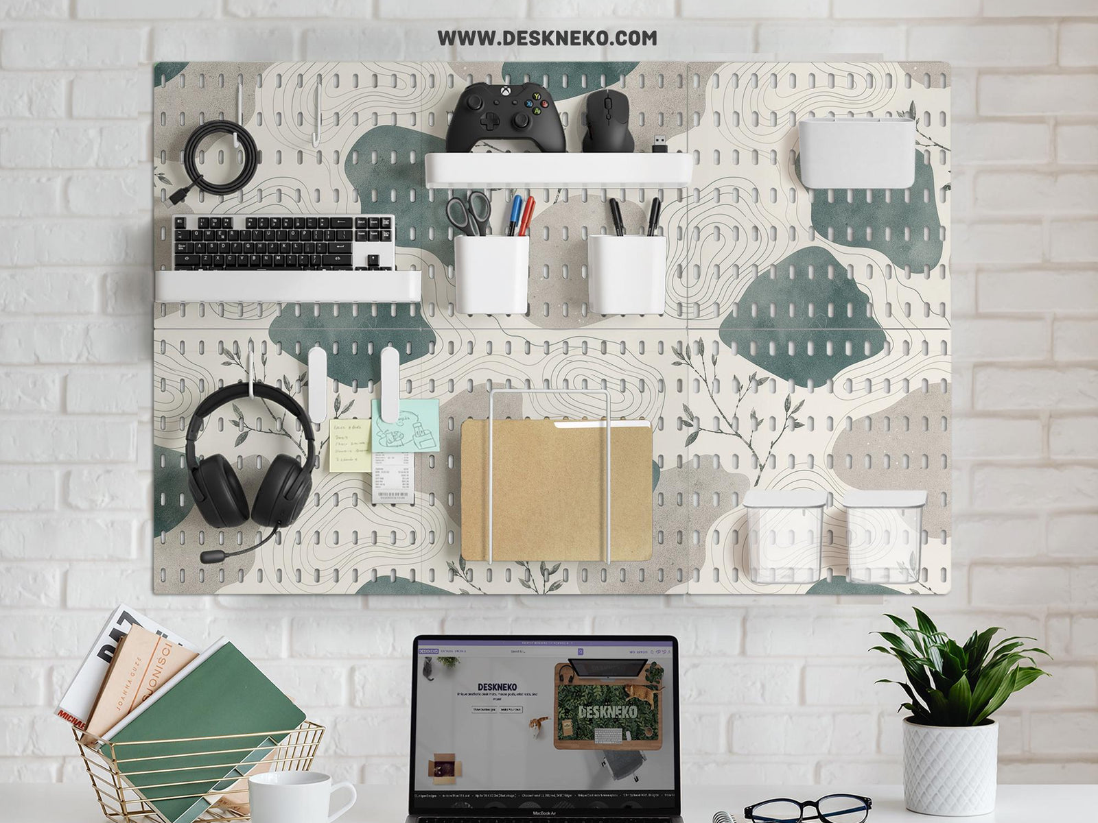 Four square pegboard panels in muted sage green, warm cream, and grey with contour lines and small botanical branch details.