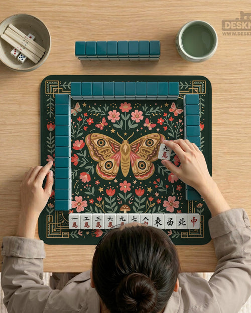 Dark green square mahjong mat with a floral border, moth, butterfly, flower, and mushroom designs in coral, gold, and botanical colors.