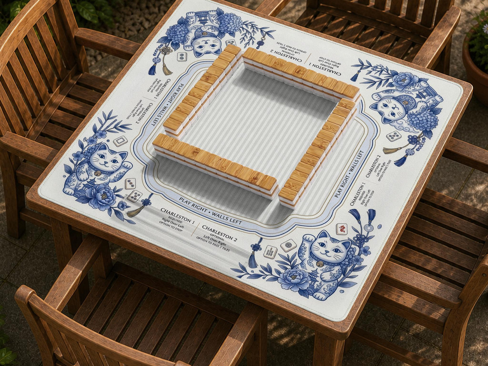 Blue and white mahjong mat with lucky cat illustrations, floral corner details, and a framed play area with printed guidance text.