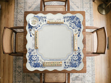 Blue and white square mahjong mat with lucky cat artwork, floral chinoiserie pattern, tile icons, and a rule guide layout.