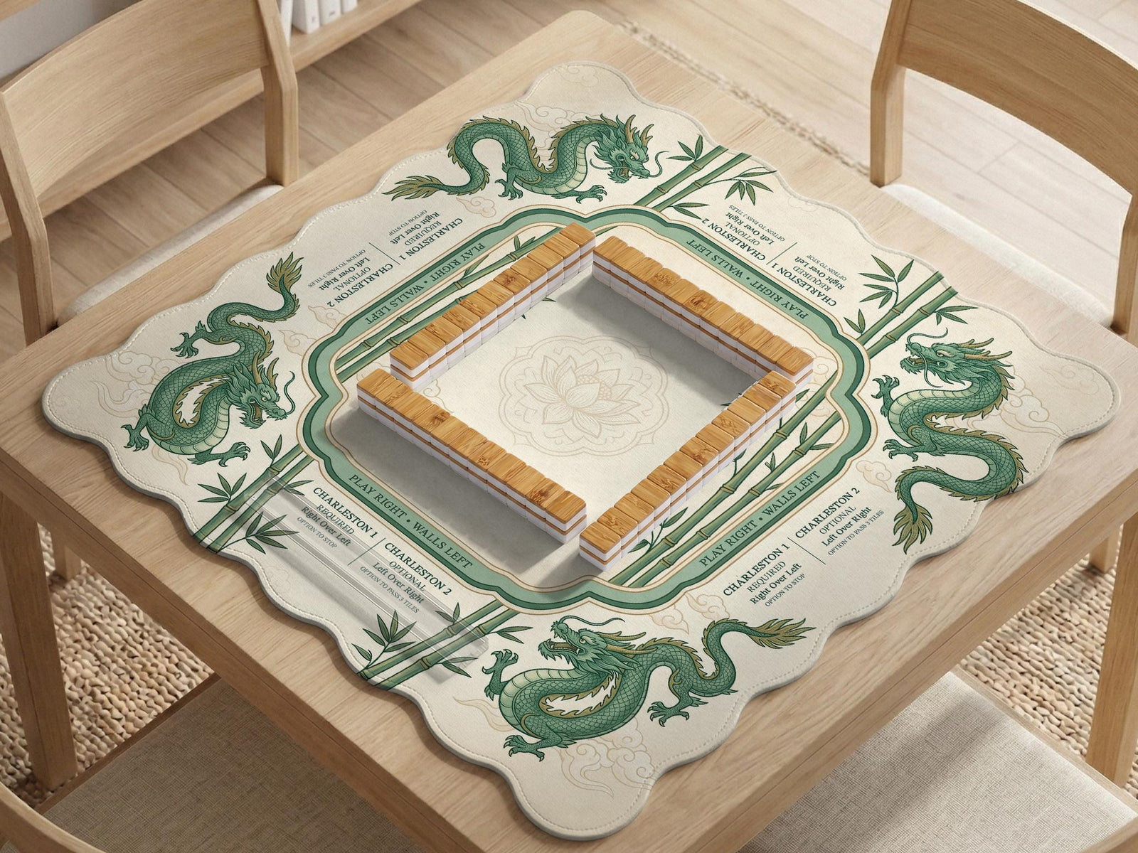 Sage green mahjong mat with a bamboo pattern, dragon design, printed rules around the edge, and a scalloped edge option.