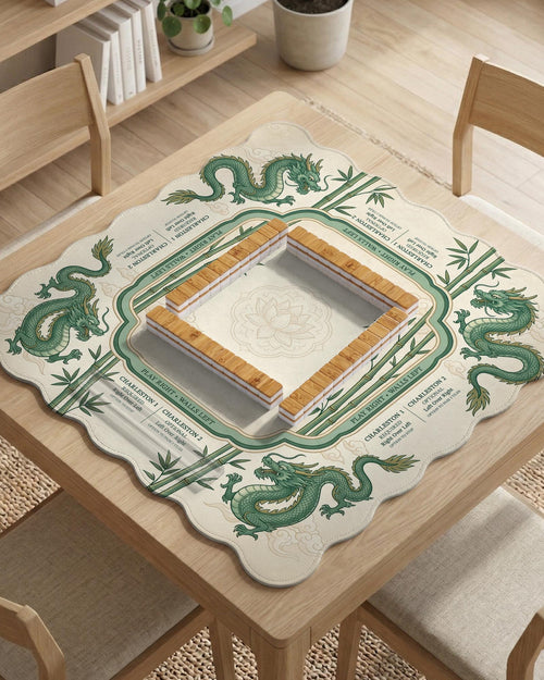 Sage green mahjong mat with a bamboo pattern, dragon design, printed rules around the edge, and a scalloped edge option.