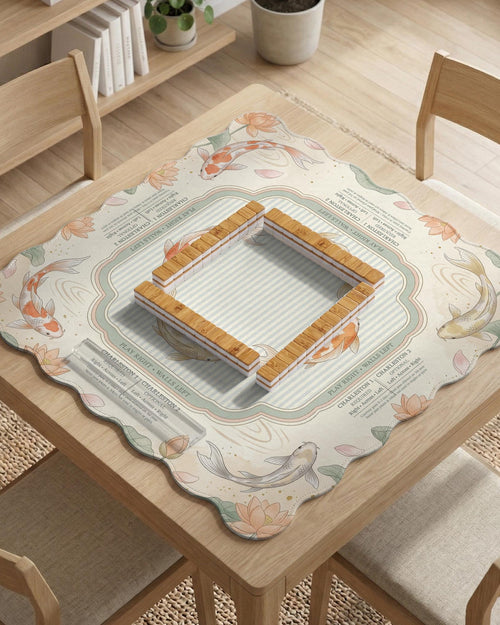 Sage and cream mahjong mat with a koi fish pond pattern, lotus blooms, water ripples, and printed instructions around the border. One version has a scalloped edge.