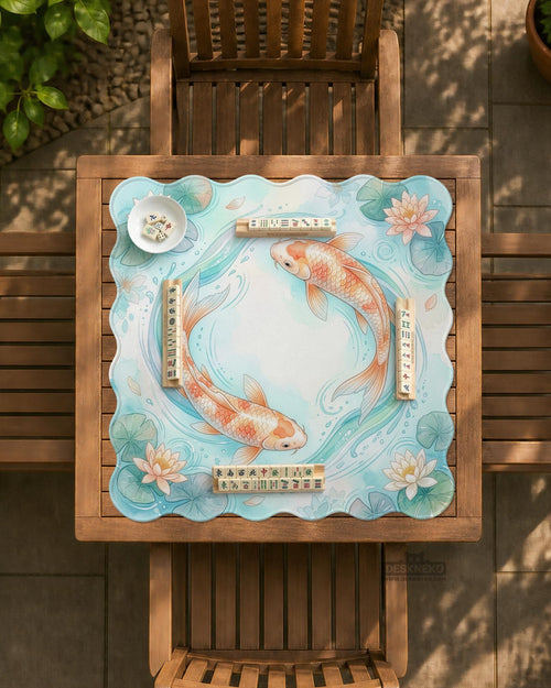 Turquoise square mahjong mat with orange koi fish, cream lotus flowers, lily pads, and soft blue water lines.