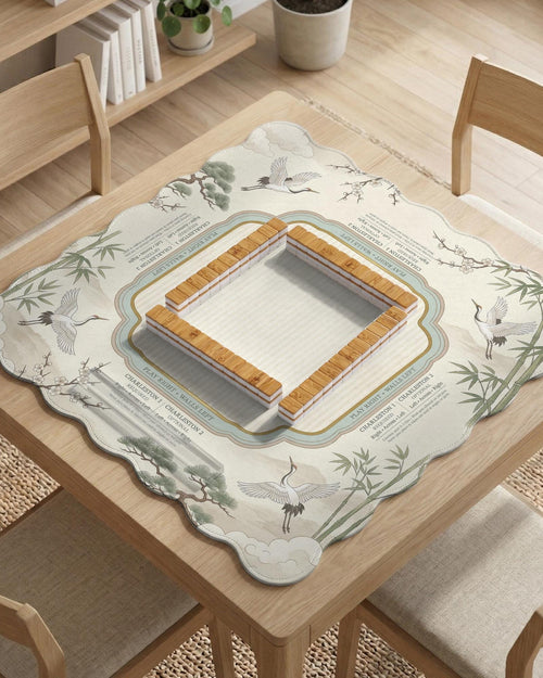 Sage green scalloped mahjong mat with bamboo, crane, and blossom illustration and printed rules around the border.