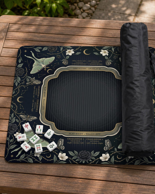 Dark floral mahjong mat with luna moth, moon phases, roses, vines, and small star details.