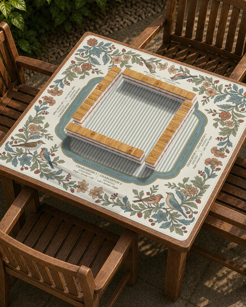 Square mahjong mat with floral botanical artwork around the edges, a light center, soft stripe details, and printed rule bands.
