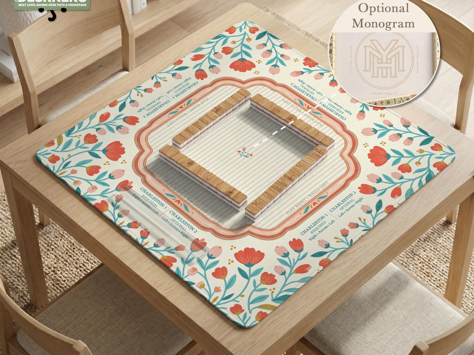 Cream square mahjong mat with a floral coral and teal botanical border and a blank center area.
