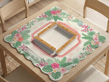 Coral tropical floral mahjong mat with hibiscus flowers, palm leaves, cream sections, and a scalloped edge.
