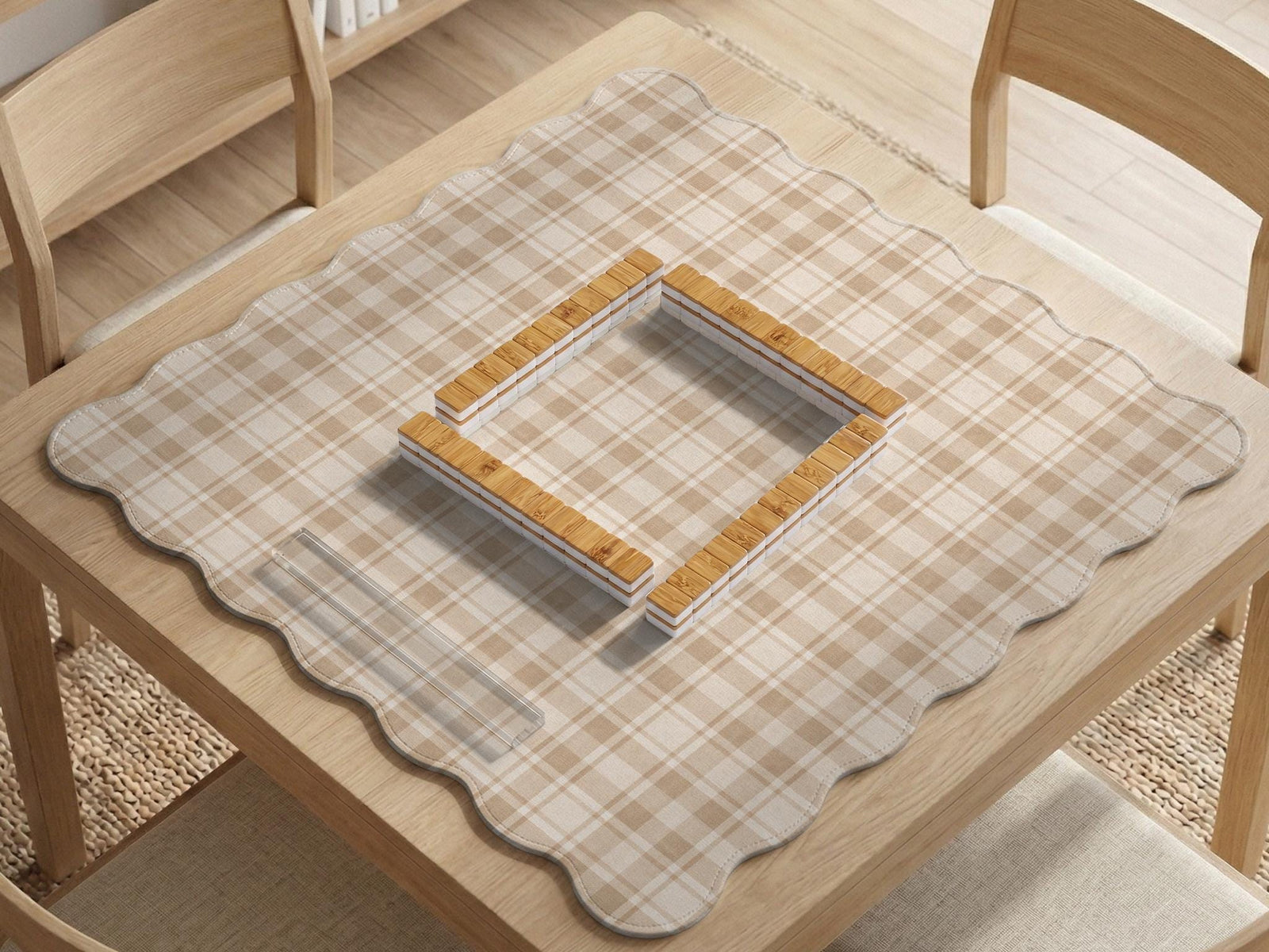 Beige plaid mahjong mat with a scalloped edge, shown as a square tabletop game mat in a cream and tan tartan pattern.