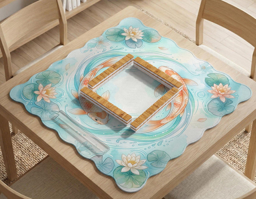 Aqua square mahjong mat with orange koi fish, water lily flowers, lily pads, and flowing pond line artwork, shown with a scalloped edge.
