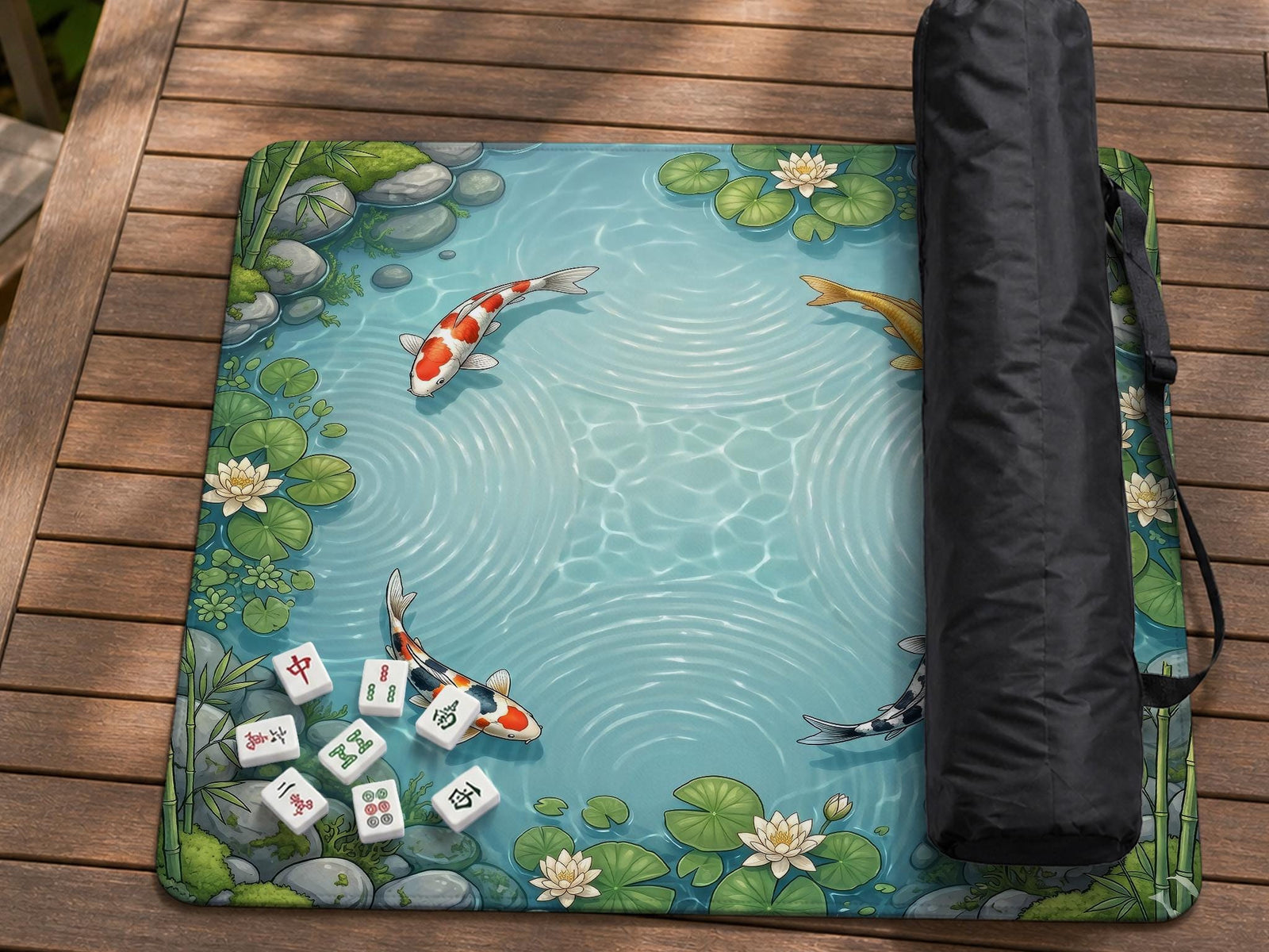 Aqua blue mahjong mat with koi fish, lotus flowers, lily pads, and pond artwork in a square layout.
