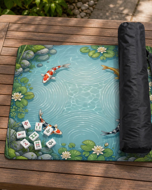 Aqua blue mahjong mat with koi fish, lotus flowers, lily pads, and pond artwork in a square layout.