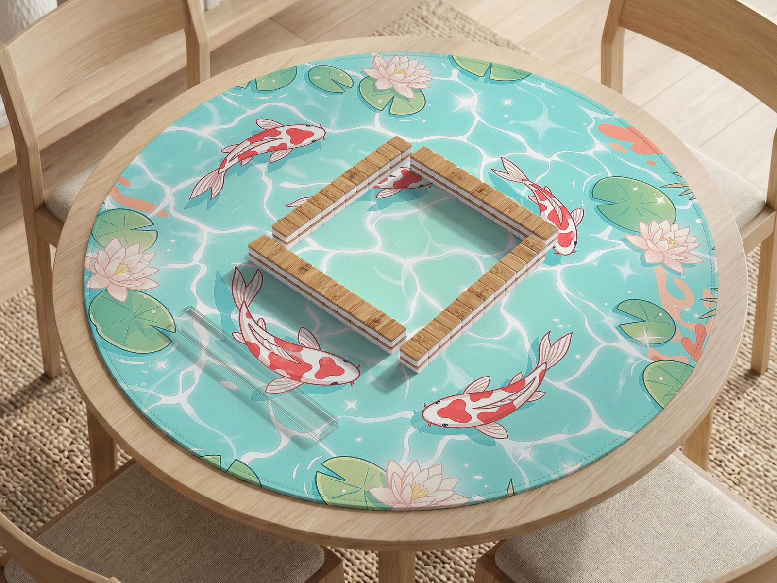 Aqua square mahjong mat with red koi, lotus flowers, lily pads, and tropical leaves on a pond water background with a scalloped edge.