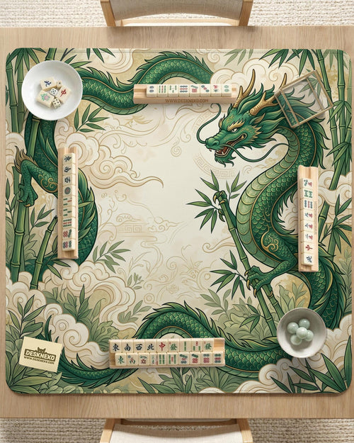 Green square mahjong mat with a dragon border, bamboo artwork, cream cloud details, and an open center.