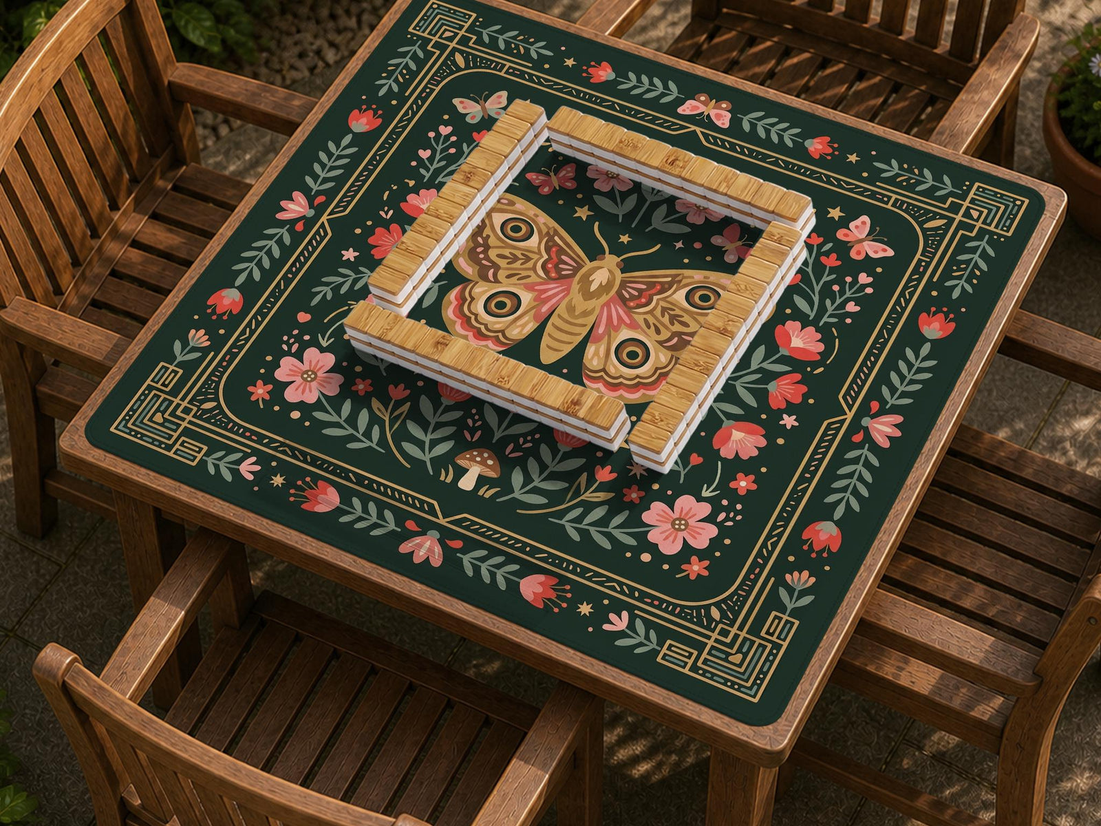 Dark green square mahjong mat with floral branches, small red blossoms, gold line details, and a large moth in the center.