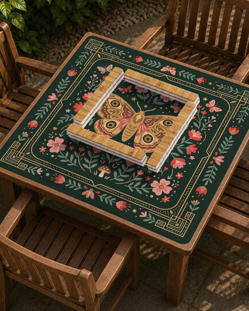 Dark green square mahjong mat with floral branches, small red blossoms, gold line details, and a large moth in the center.