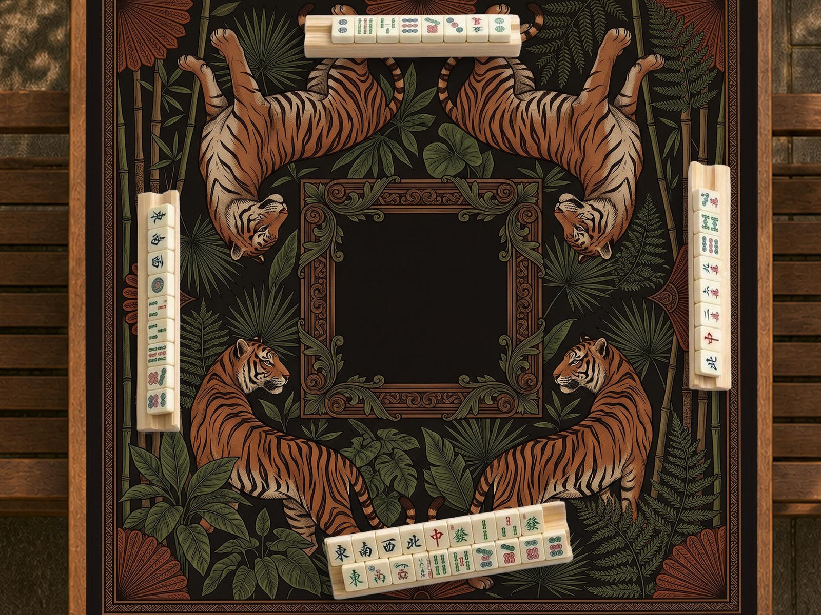 Black square mahjong mat with mirrored tiger faces, bamboo, dark tropical leaves, ornate border details, and orange accents.