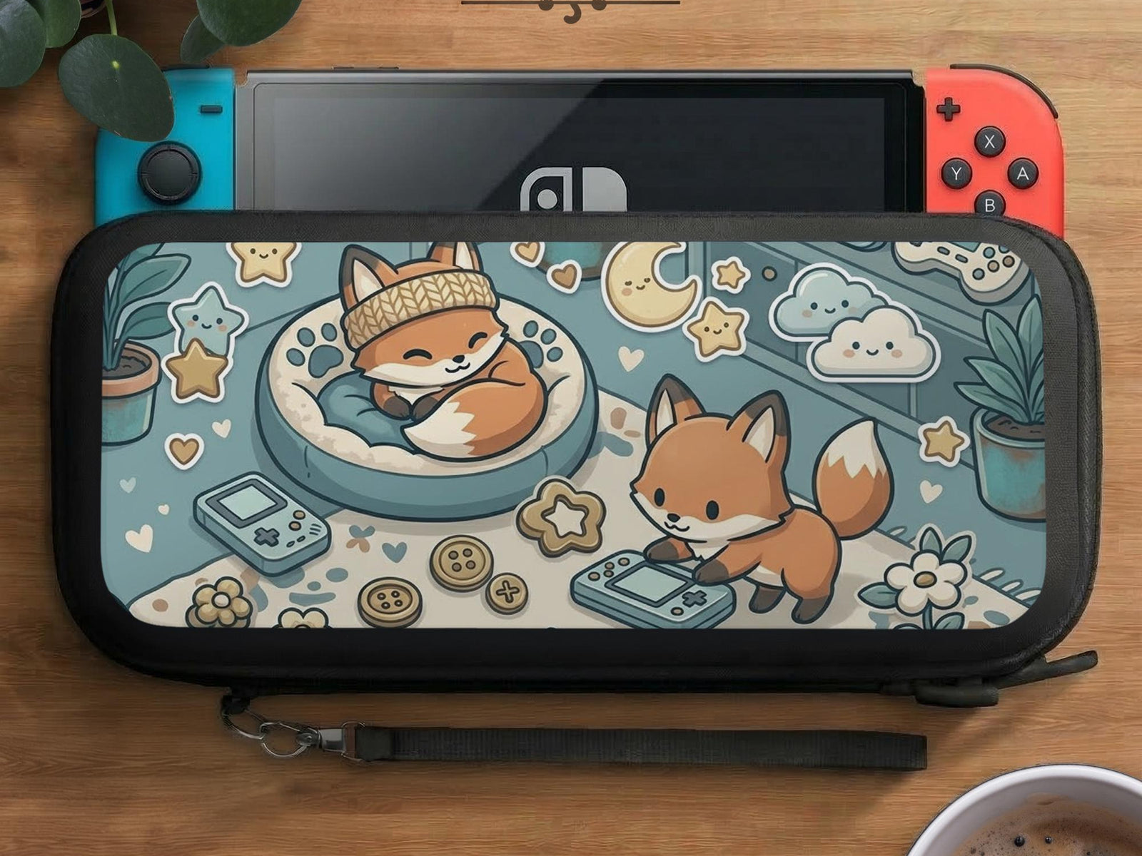 Pastel teal Switch travel case with orange fox characters, cream stars, clouds, hearts, and small gaming details.