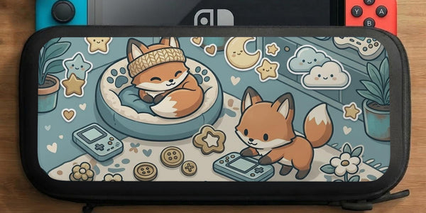 Pastel teal Switch travel case with orange fox characters, cream stars, clouds, hearts, and small gaming details.