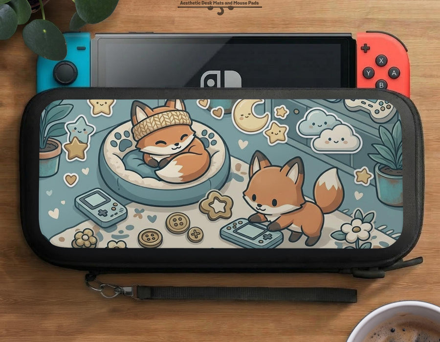 Pastel teal Switch travel case with orange fox characters, cream stars, clouds, hearts, and small gaming details.