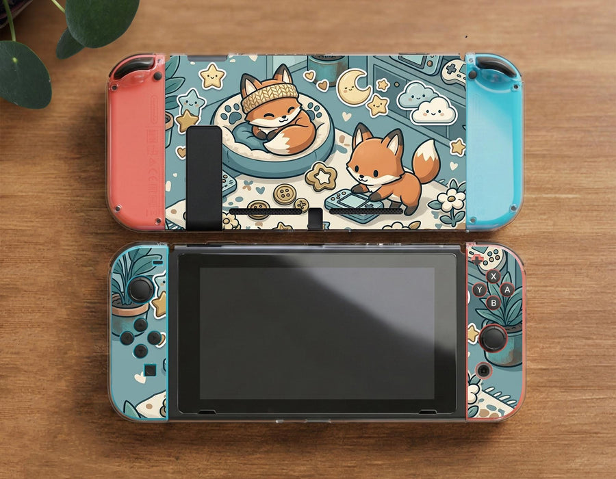 Blue Switch carrying case with cute fox characters, moon and star details, and small potted plants with beige accents.