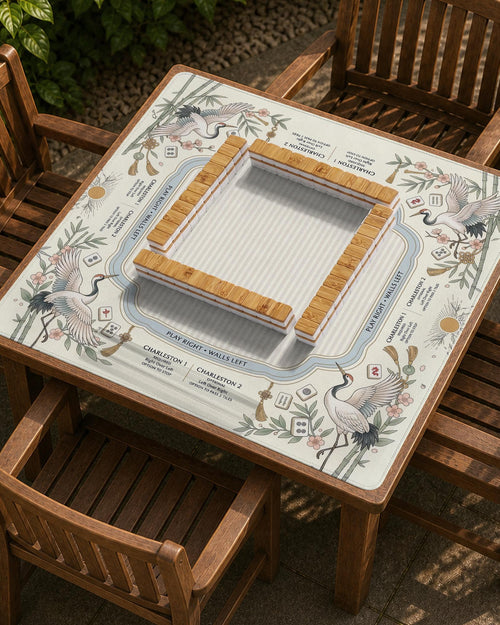 Square sage and beige mahjong table mat with a crane bird design, bamboo accents, and printed rules and layout notes.