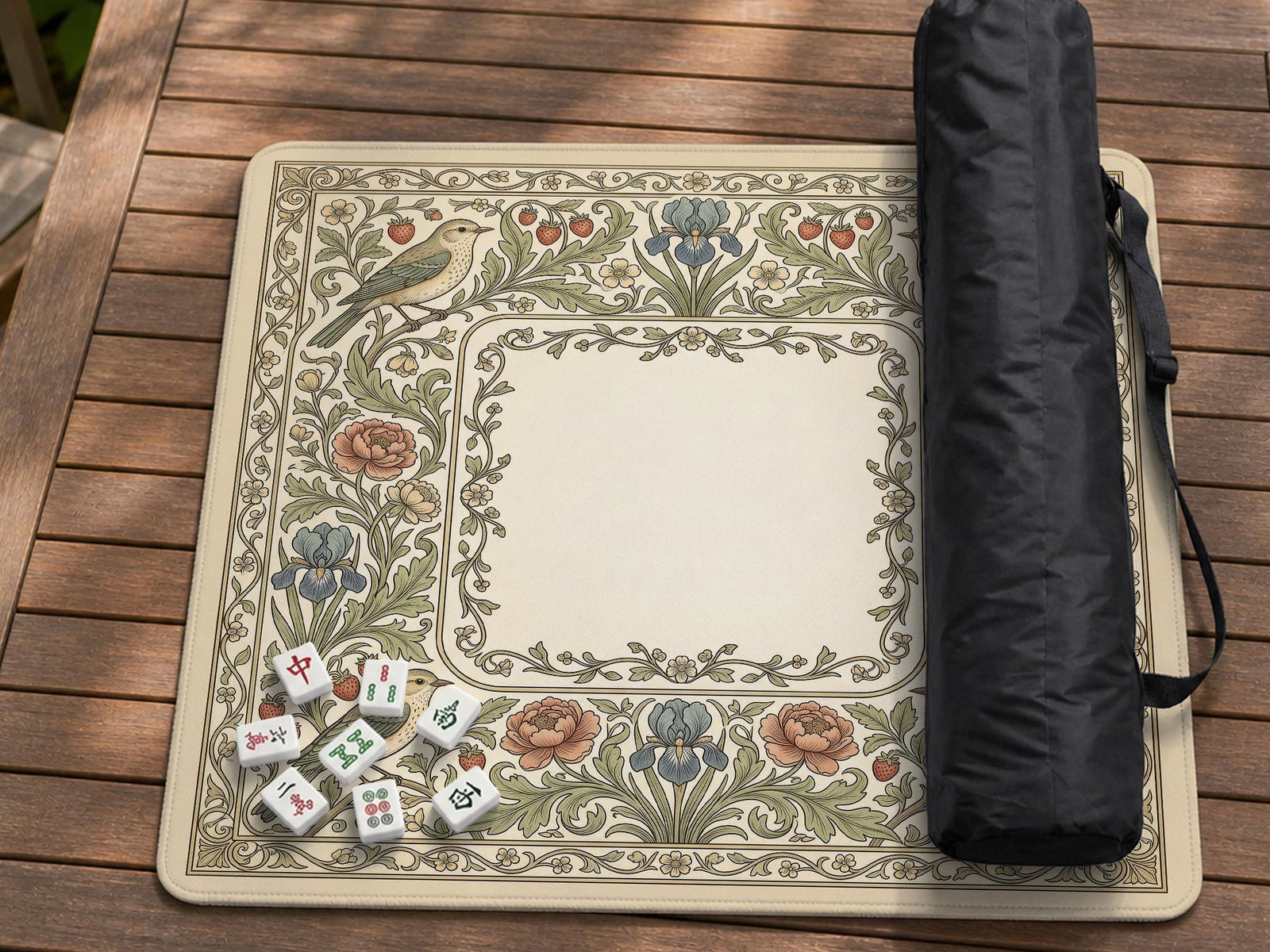 Square mahjong table mat with vintage bird artwork, floral border detail, and sage green, cream, muted blue, and terracotta tones.