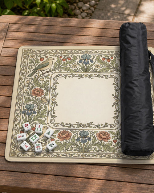 Square mahjong table mat with vintage bird artwork, floral border detail, and sage green, cream, muted blue, and terracotta tones.