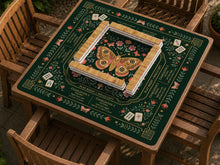 A square forest green mahjong mat with a warm gold border, coral flowers, butterfly artwork, and small rules text printed on the surface.