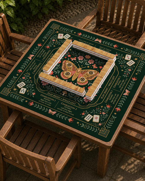 A square forest green mahjong mat with a warm gold border, coral flowers, butterfly artwork, and small rules text printed on the surface.