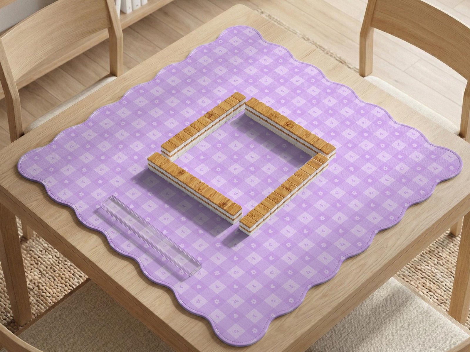 Lavender gingham mahjong mat with a scalloped edge and a pastel check pattern.