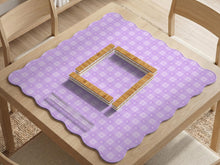 Lavender gingham mahjong mat with a scalloped edge and a pastel check pattern.