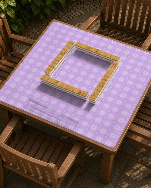 Purple gingham mahjong mat with a lavender checker pattern, tiny hearts and flowers, and a clean center area.
