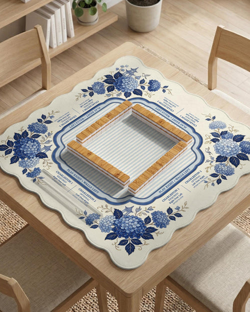 Blue and white mahjong table mat with a floral border, small birds, pagoda details, striped center, and printed rules around the edge.