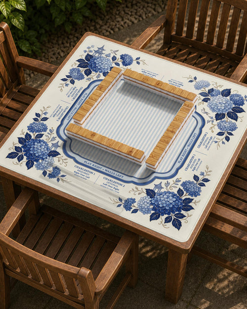 Blue mahjong mat with a hydrangea floral pattern and printed American Mahjong rules and guide text.