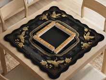 Square black and gold mahjong table mat with a crane, floral border, and printed American Mahjong rules around the edges.