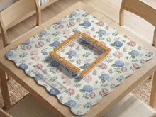 Pink floral mahjong table mat with peonies, blue hydrangeas, sage green leaves, and an ivory background.