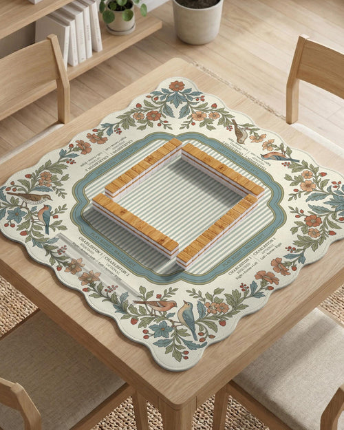 Scalloped square mahjong mat with bird illustrations, cream flowers, sage leaves, and a striped center with printed rules text.
