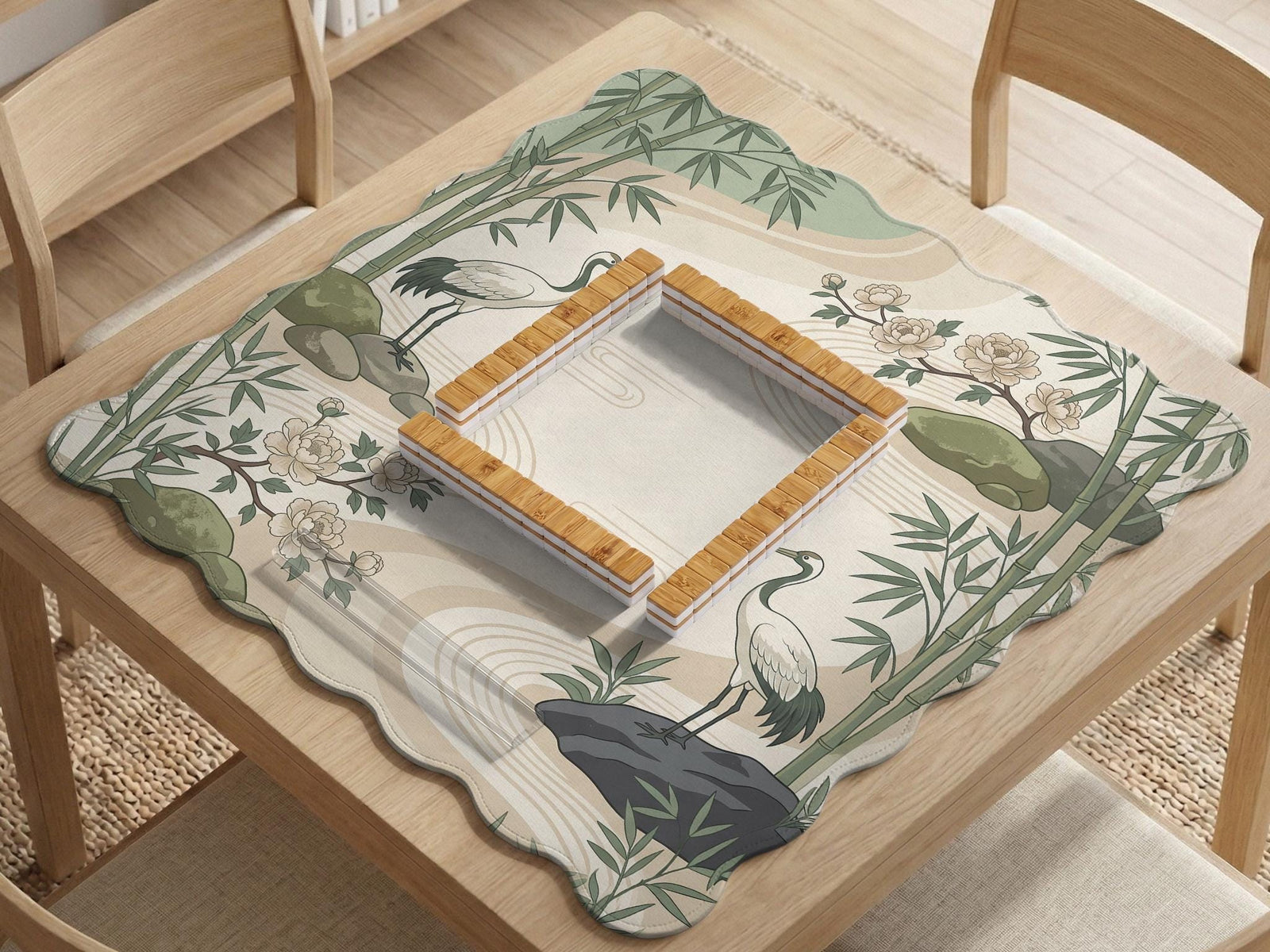 Sage green square mahjong mat with a crane and bamboo garden design, peony and stone linework, and a scalloped edge option.