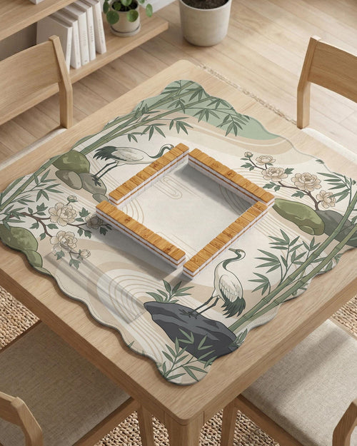 Sage green square mahjong mat with a crane and bamboo garden design, peony and stone linework, and a scalloped edge option.