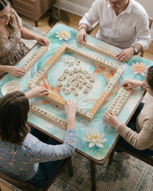 A soft blue mahjong mat with koi fish, floating lily pads, pale floral details, and a watercolor-style pond design.