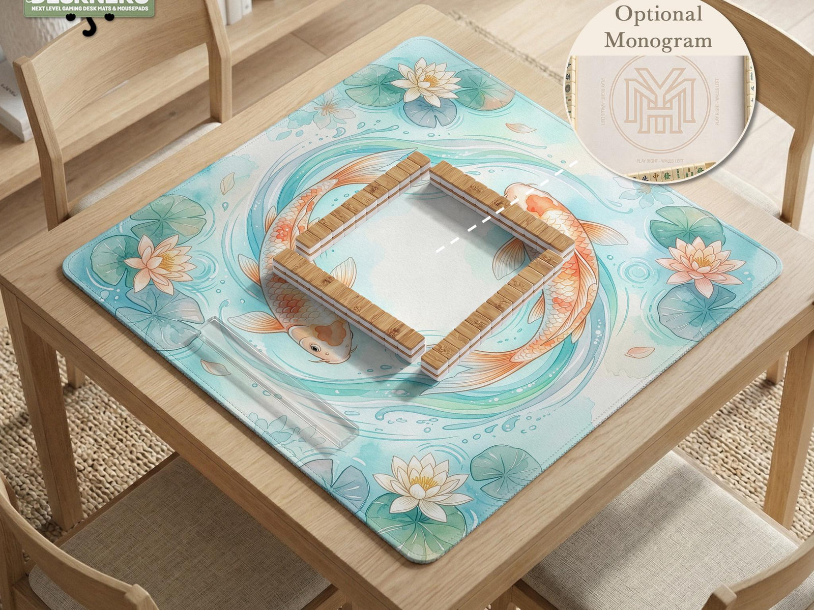 Aqua mahjong mat with orange koi fish, blue water, lotus flowers, water lilies, and lily pads.
