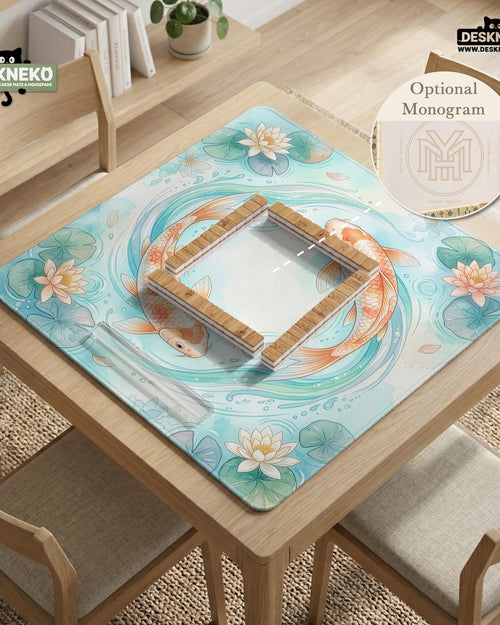 Aqua mahjong mat with orange koi fish, blue water, lotus flowers, water lilies, and lily pads.