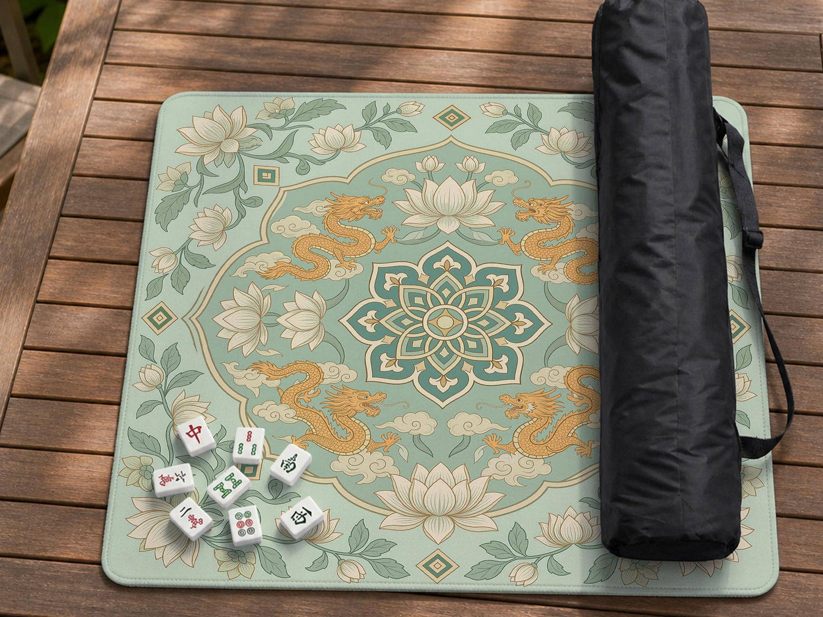 Sage green square mahjong mat with lotus flowers, golden dragons, and an ornamental center design.
