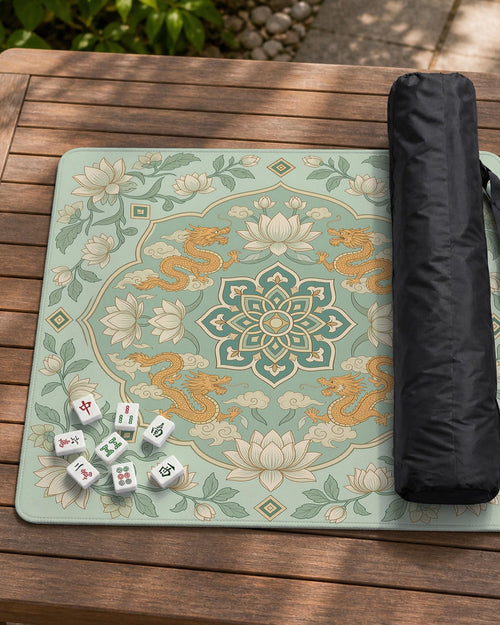 Sage green square mahjong mat with lotus flowers, golden dragons, and an ornamental center design.