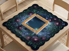 Purple mahjong mat with a botanical floral print, scalloped edge, oversized peonies, leafy vines, blue flowers, butterflies, and small cat details.
